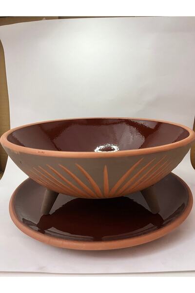 Laia Ceramic 30 Cm Kazımalı Ayaklı Sırlı Toprak Kase Ve 32 Cm Sırlı Toprak Ta...