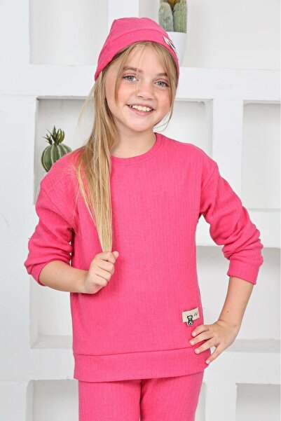 KAMİKAM Girl's 3-piece set with a hat, slightly raised, ribbed knit.