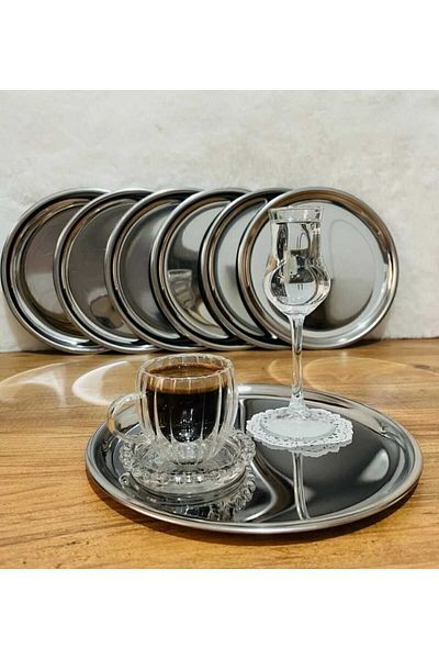 Paslanmaz 6-Piece Stainless Steel 22cm - Round Tea, Coffee, Cake Serving Tray Decorative Presentation Tray