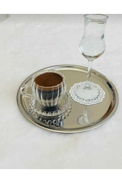 Paslanmaz 6-Piece Stainless Steel 22cm - Round Tea, Coffee, Cake Serving Tray Decorative Presentation Tray