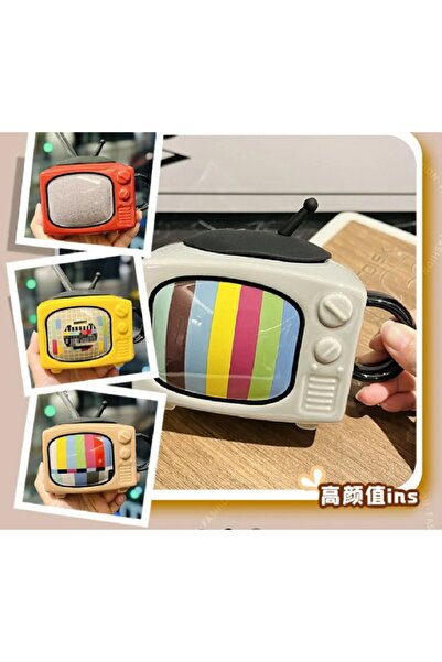 hediyeconcepti 450ml Ceramic Creative Water Cup - Home with Lid, Straw Nostalgic Funny Tv Coffee Milk Cup