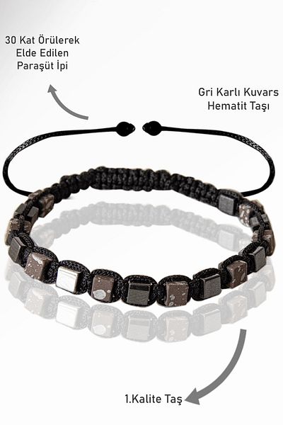 Tesbih Atölyesi Terahertz Certified - Gray Snowy Quartz Stone Bracelet Adjustable Cube Model