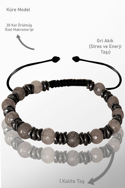 Tesbih Atölyesi Gray Hematite - Certified and Real Faceted Agate Stone Bracelet
