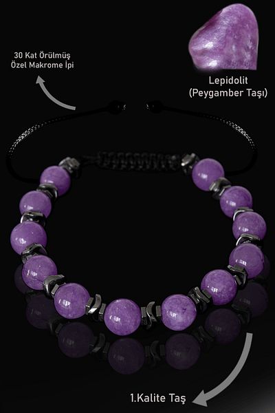 Tesbih Atölyesi Real Hematite and Lepidolite Stone Bracelet - Adjustable Prophet Stone