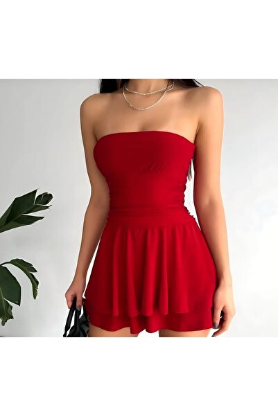 TRİKOM Strapless Sandy Fabric Women's Dress with Mini Shorts