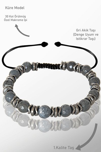 Tesbih Atölyesi Gray Agate Stone with Real Hematite and Facet - Certified Bracelet