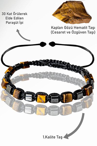Tesbih Atölyesi Terahertz Cube Model - Tiger Eye Stone Bracelet - Adjustable Certified