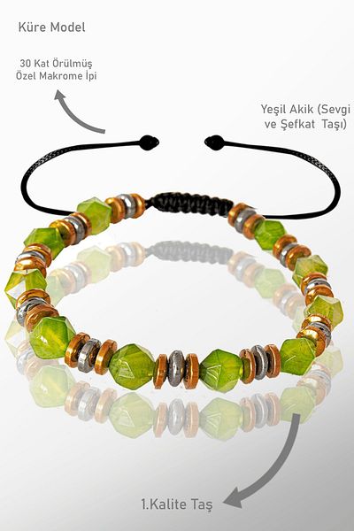 Tesbih Atölyesi Aaa+ Diamond Cut Terahertz Green Bracelet - Agate Stone and Adjustable