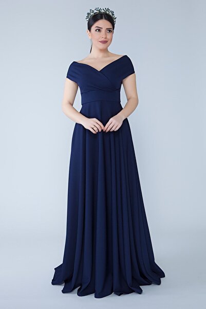 Bidoluelbise Kayık Kruvaze Yaka Düşük Omuz Dokuma Dökümlü Kumaş Maxi Boy Davet & Mezuniyet & Abiye Elbise