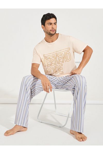Styli Slogan Print T-Shirt & Striped Pyjama Set