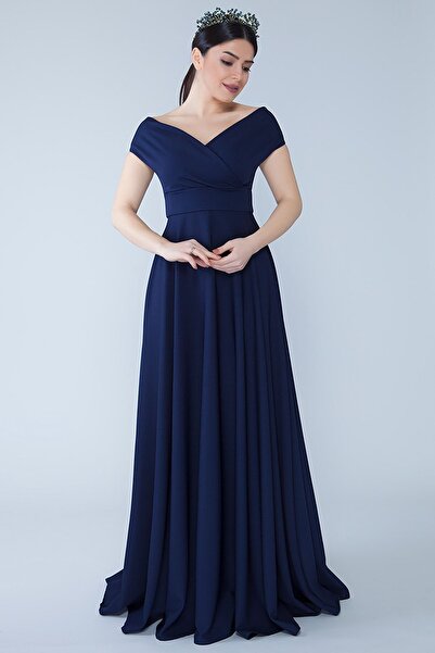 Bidoluelbise Kayık Kruvaze Yaka Düşük Omuz Dokuma Dökümlü Kumaş Maxi Boy Davet & Mezuniyet & Abiye Elbise