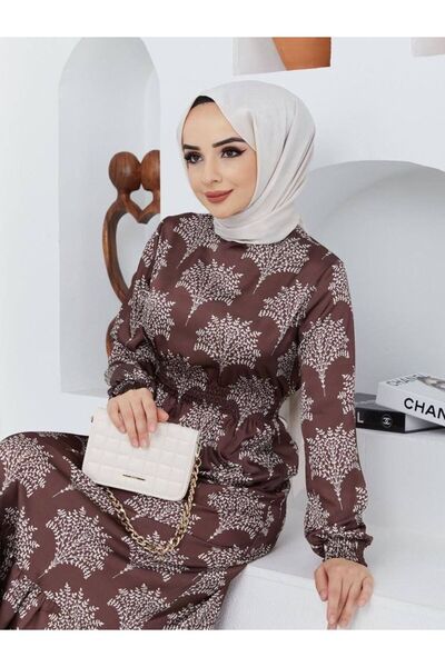 She Olive Σατέν Φόρεμα - Σχέδιο Φύλλων, Καφέ