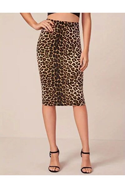 Lion Collection Knee Length Leopard Patterned Pencil Skirt