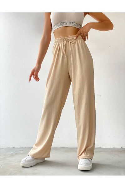 MODA TAY Kadın bol paça tiril gofre kumaş pantolon