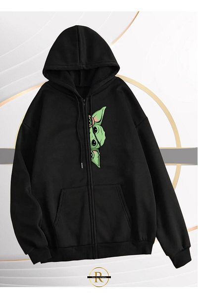 Risil-Nu Company Νέα σεζόν "Baby Yoda" με στάμπα - Φούτερ με κουκούλα με βαμβακερή τσέπη με πλήρη φερμουάρ