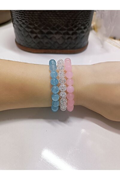 CessNova Sertifikalı Doğal Taş Bileklik Pembe Kuvars, Necef, Akuamarin 3'lü set