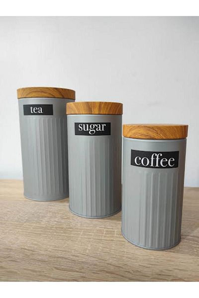 MorzaHome Gray Bamboo Look Lid 3-Piece Metal Jar