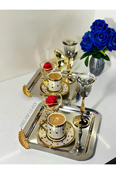 Dream glass 6'lı kare Gold tüy detaylı Çay & Kahve & Sunum Tepsisi