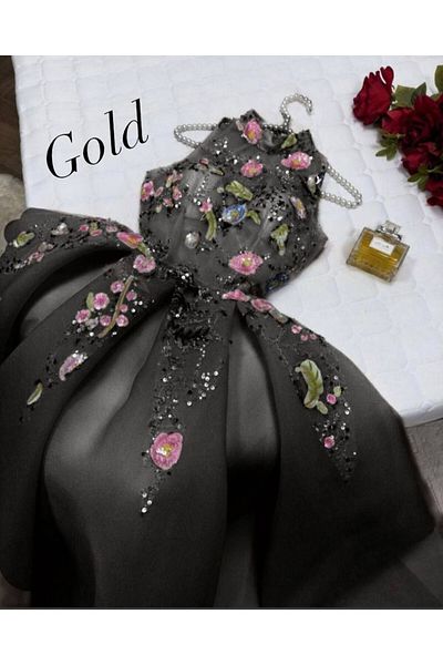 Gold Dresses SatinMidiEvening Dress - Embroidered and Rhinestone Embroidered,BarbrieBrb 241708