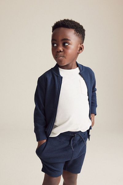 Next Baby Cotton Navy Blue Long Sleeve Jacket Shorts Bottom Top Set