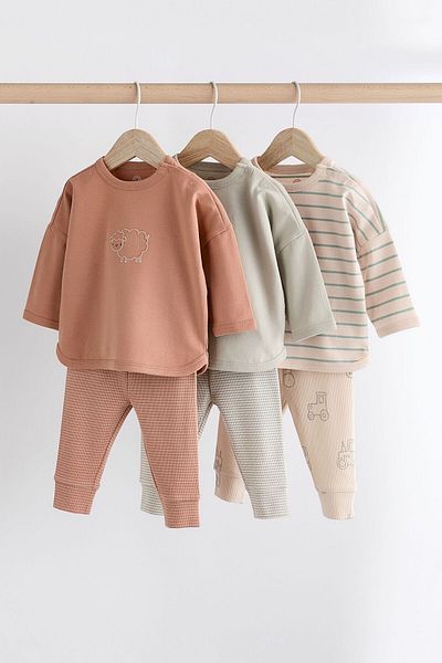 Next Baby Cotton Mineral Farm Long Sleeve 3-Piece Bottom Set