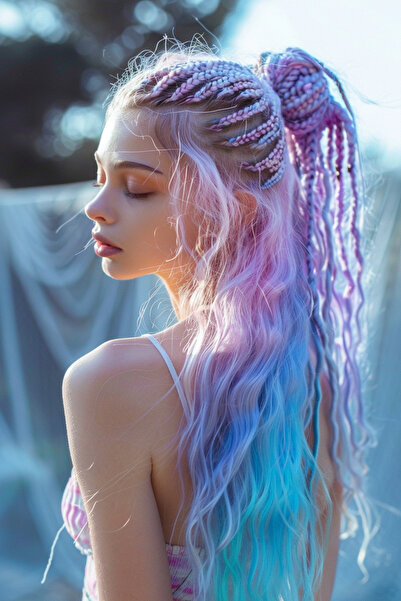 Mina Peruk Afrika Örgülük Ombreli Sentetik Saç 100 Gr. - Lila / Pembe / Turkuaz Mavi / Soft Yeşil