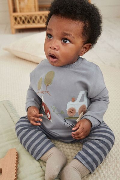 Next Baby Cotton Blue Car Patterned Long Sleeve Bottom Top Set