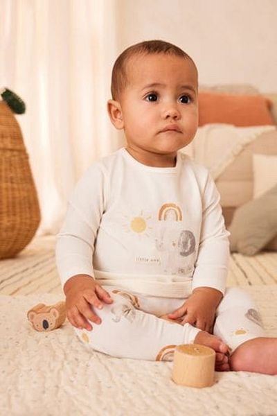 Next Baby Cotton Cream Elephant Patterned Long Sleeve Bottom Top Set