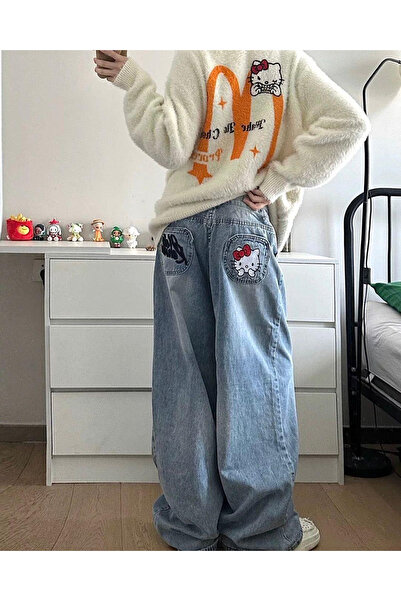 Genel Markalar Y2k Hello Kitty Detaylı Baggy Yıkamalı Mavi Jean