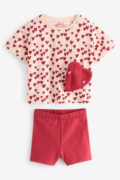 Next Baby Cotton Red Heart Patterned Bag Short Sleeve Bottom Top Set