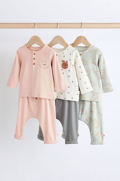 Next Baby Cotton Pink Sage Green Long Sleeve 3-Piece Bottom Set