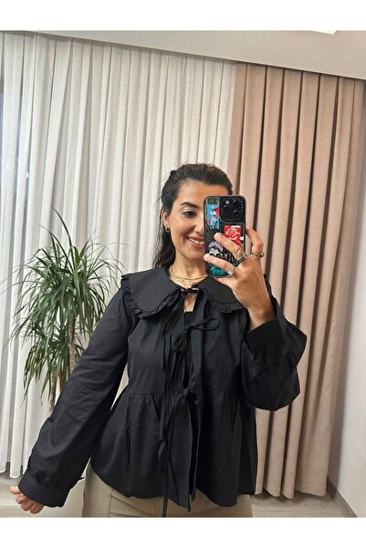 HERAVEGA BOUTİQUE SİYAH BEBE YAKA FIRFIRLI BAĞLAMALI BLUZ
