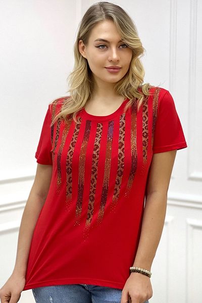 RICH GLAM Leopard Crystal Stone Short Sleeve Crew Neck Plus Size Stylish Cotton Red Women's T-shirt