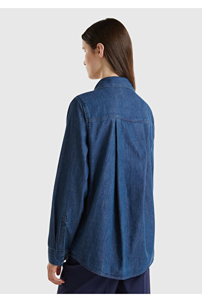 United Colors of Benetton Kadın Koyu Mavi %100 Pamuk Sol Göğsü Cep Detaylı Rahat Kesim Gömlek