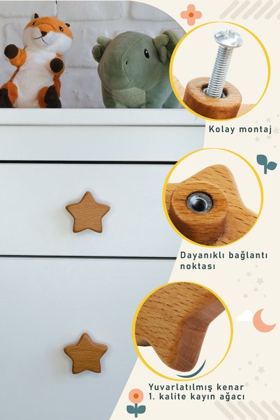 Üreet Star Patterned Baby Kids Room Wooden Furniture Cabinet Drawer Handle (2 Pcs)