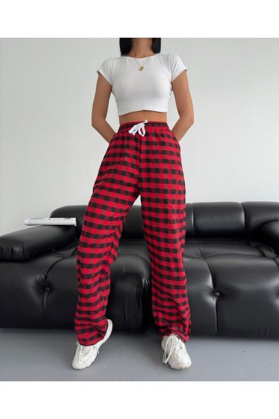 gocuk Unisex Red Square Plaid Sweatpants