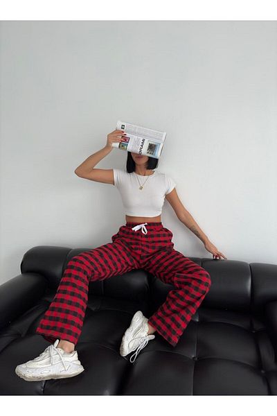 gocuk Unisex Red Square Plaid Sweatpants