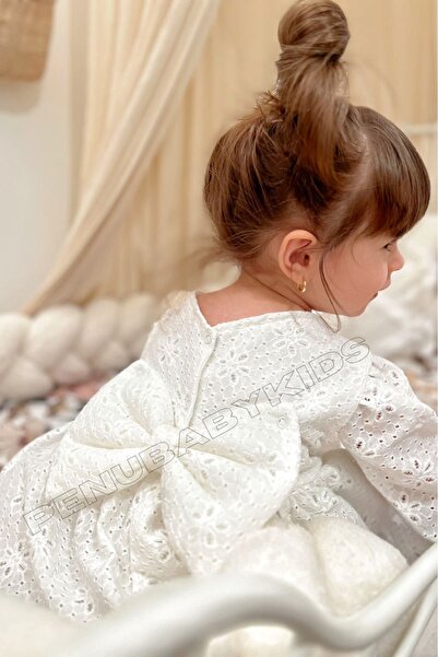 penu baby kids Beyaz Full Fistolu Uzun Kol Kız Bebek Elbise - Diana