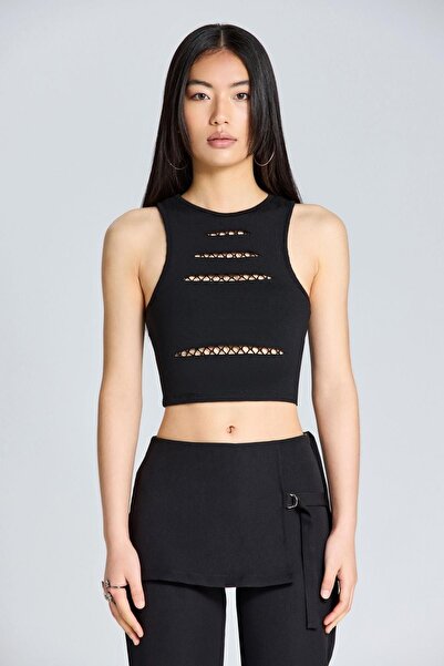 boutiquen 2663 Black Crop with Mesh Decollete