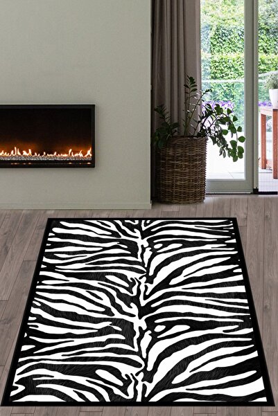 Genel Markalar Dijital Baskılı Kaymaz Taban Yıkanabilir Siyah Çerçeveli Zebra Desenli Salon Halısı