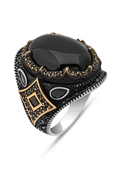 ALYANSEVİM Siyah Oniks Taşlı Oval 925 Gümüş Erkek Yüzük