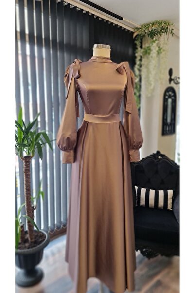 MODAMAKKO Țesătură din satin de culoare bej-gri, rochie de seară hijab cu fun...