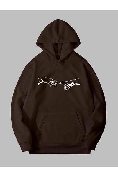 Harmandar Φούτερ με κουκούλα καφέ Unisex με σχέδιο Michelangelo - Τσέπη καγκουρό