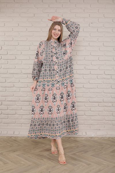 mervemoda Γυναικείο φόρεμα Plus Size - Μπροστά με κουμπιά και υφαντό
