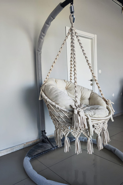WOODSHUT Tek Kişilik Makrome Salıncak Mindersiz (KREM)- %100 El Işçiliği - Mis38016MS