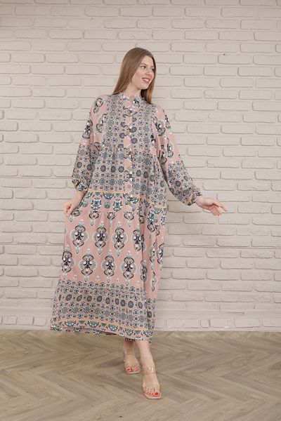mervemoda Γυναικείο φόρεμα Plus Size - Μπροστά με κουμπιά και υφαντό