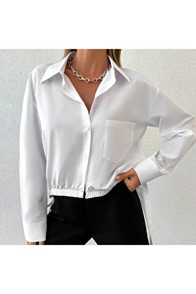 Moda ZR Cămașă albă de damă cu buzunar - cravată laterală, crop confortabil s...
