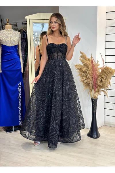 E&A Eren Abiye Transparan Boncuk İşlemeli Midi Boy Prenses Abiye