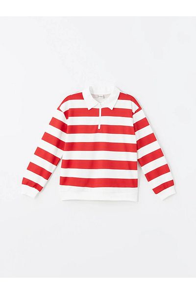 LC Waikiki Lcw Kids Red Striped - Polo Collar Long Sleeve Girl's Sweatshirt
