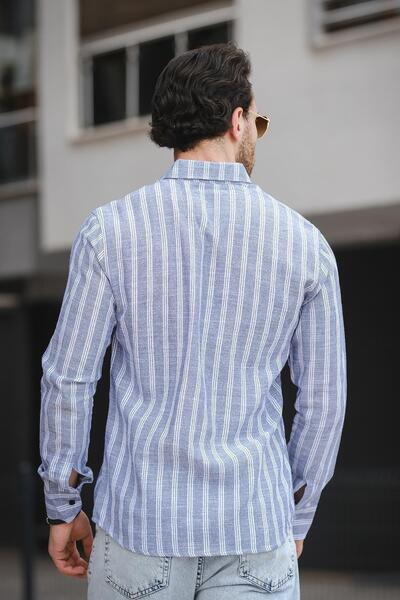 Oksit Yx 16794 Ανδρικό ριγέ πουκάμισο με διπλή τσέπη με λεπτή εφαρμογή